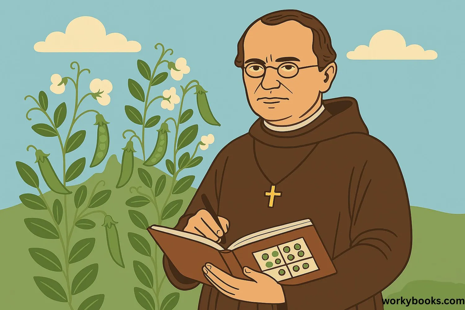 Gregor Mendel portrait with pea plants