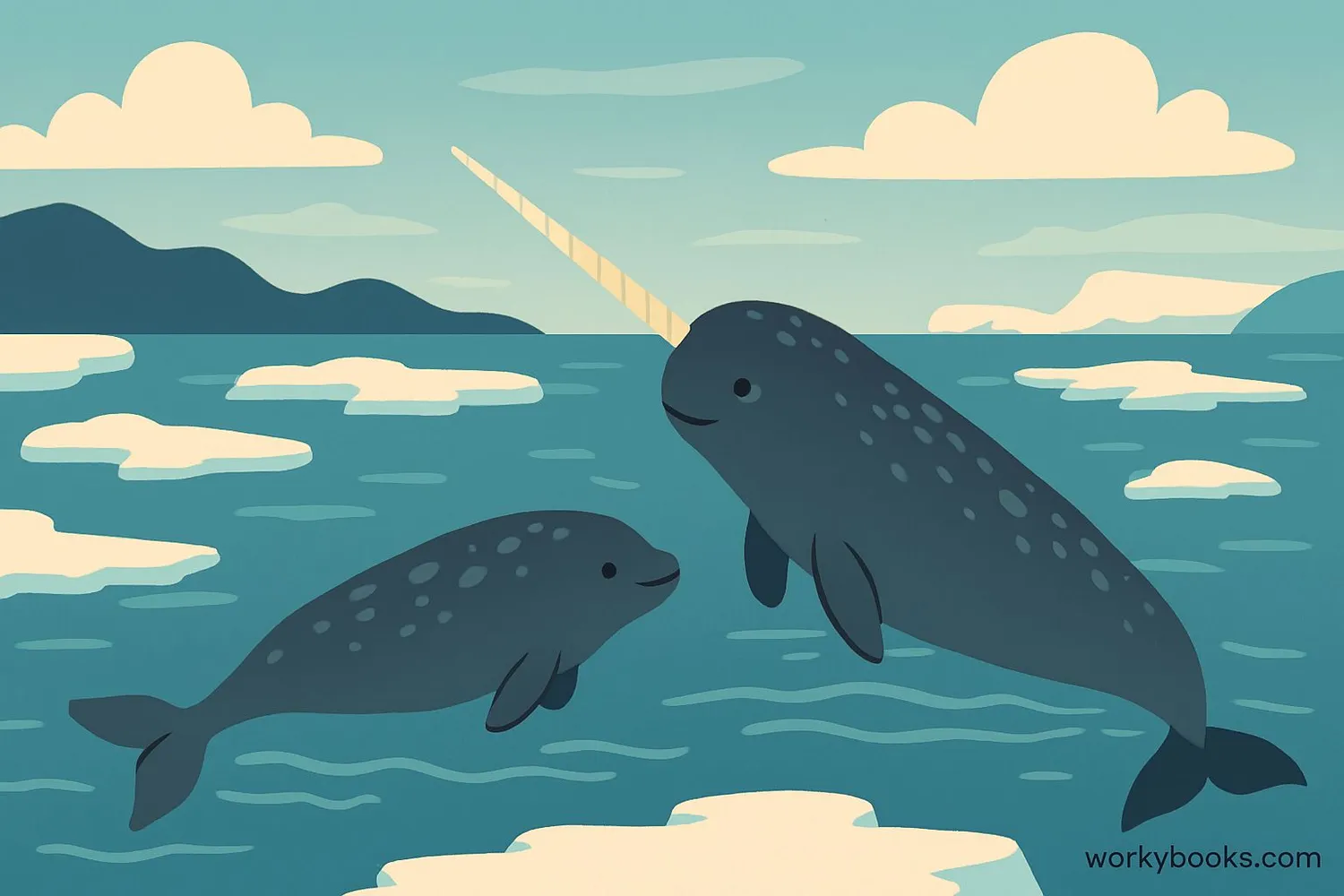 Narwhal with a calf swimming
