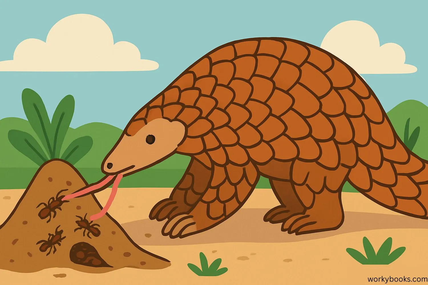Illustration of a pangolin using its long tongue