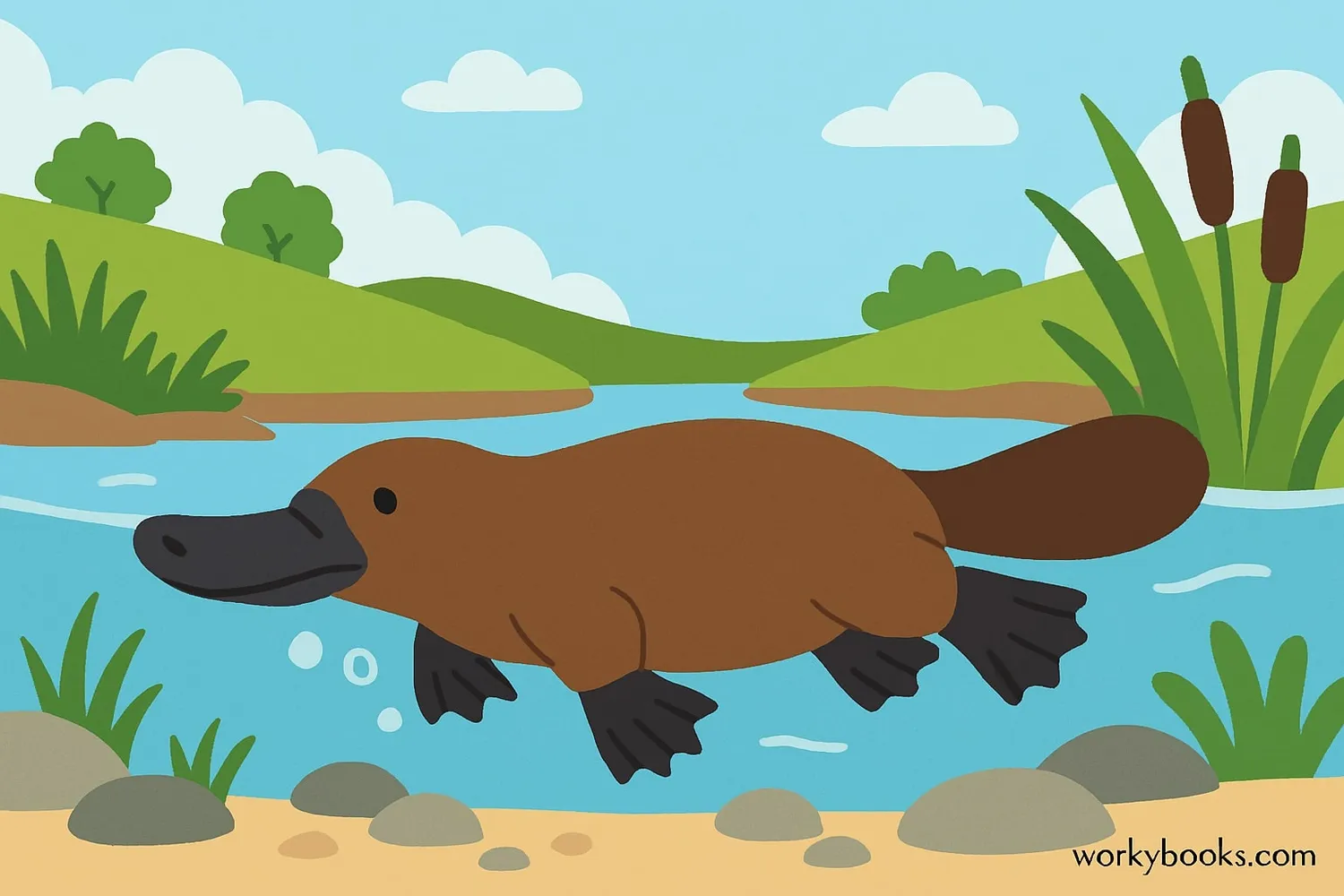 Illustration of a platypus swimming in its natural habitat