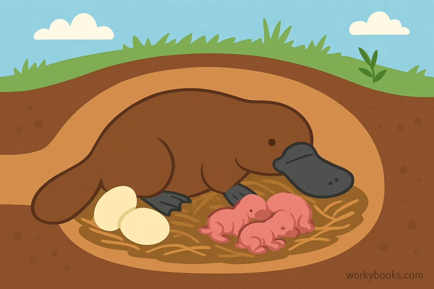 Platypus mother with eggs in a nesting burrow