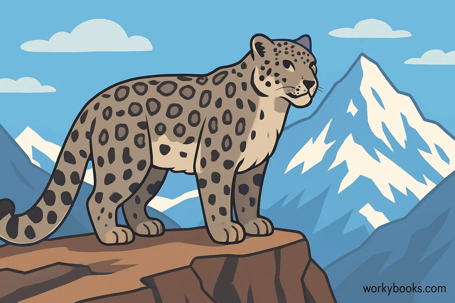 Snow leopard standing on a rocky outcrop with mountains in the background