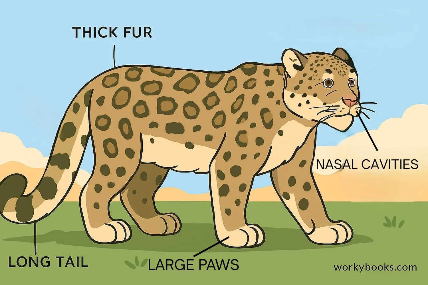 Close-up of snow leopard features showing thick fur, large paws, and long tail
