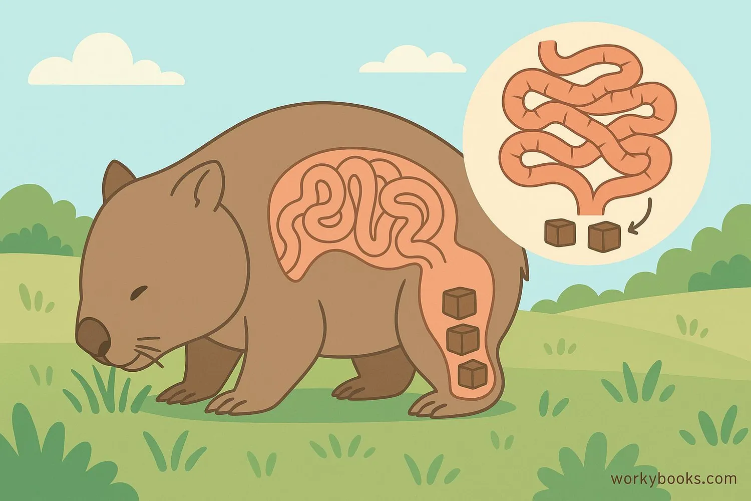 Wombat eating grass and producing cube-shaped feces