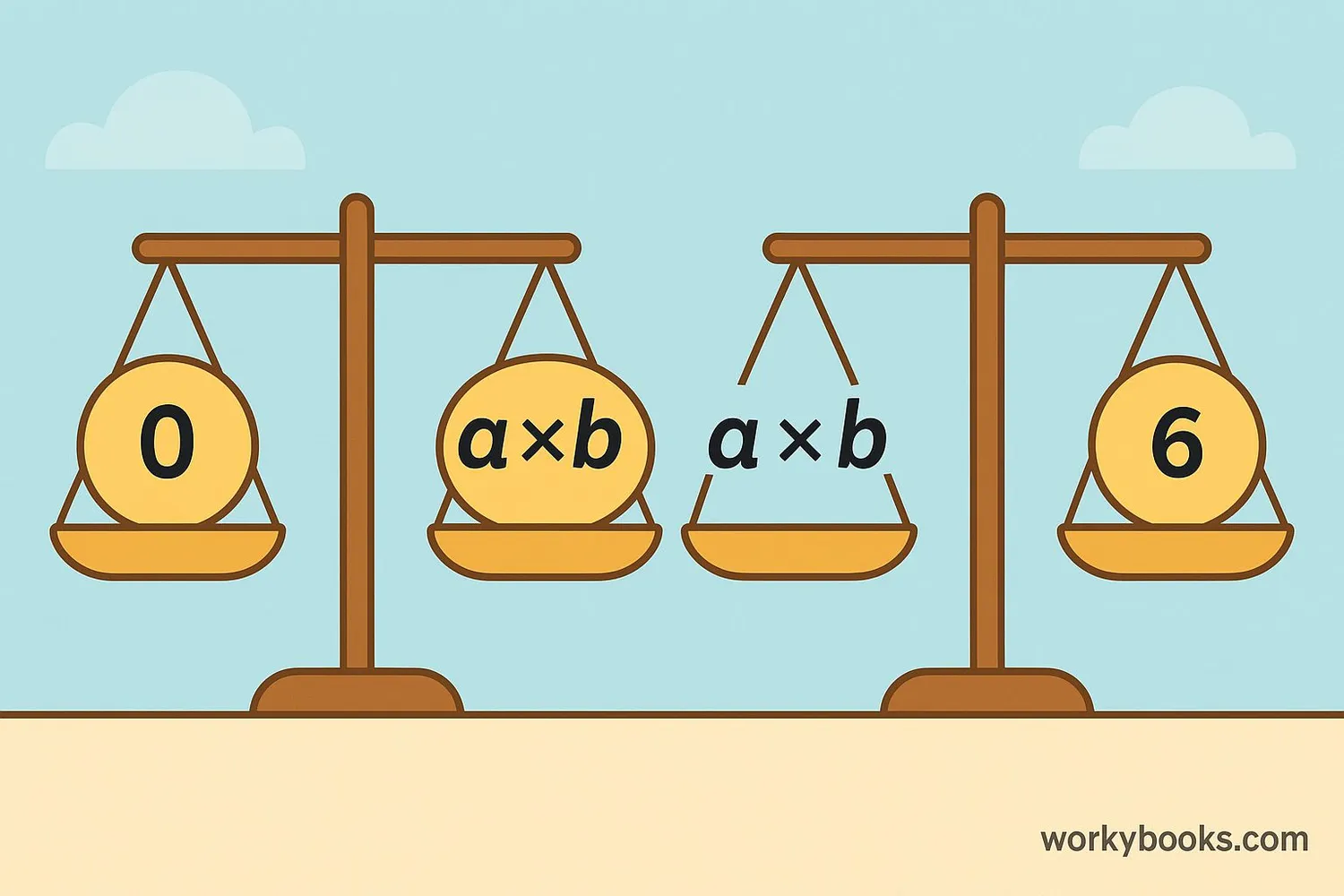 Two scales showing multiplication resulting in zero: one scale has a zero on one side, the other has factors multiplying to zero