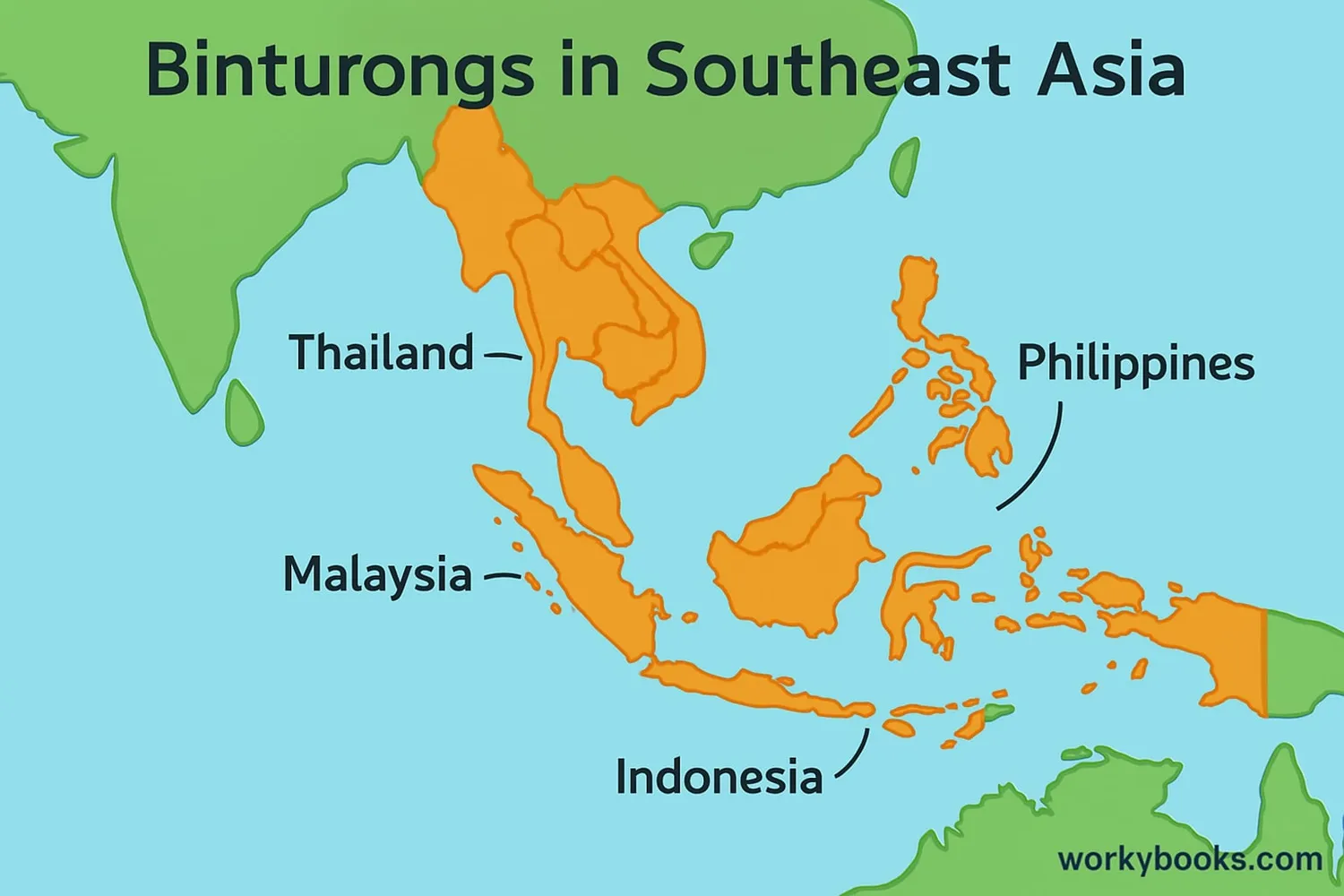 Map showing binturong habitat in Southeast Asia