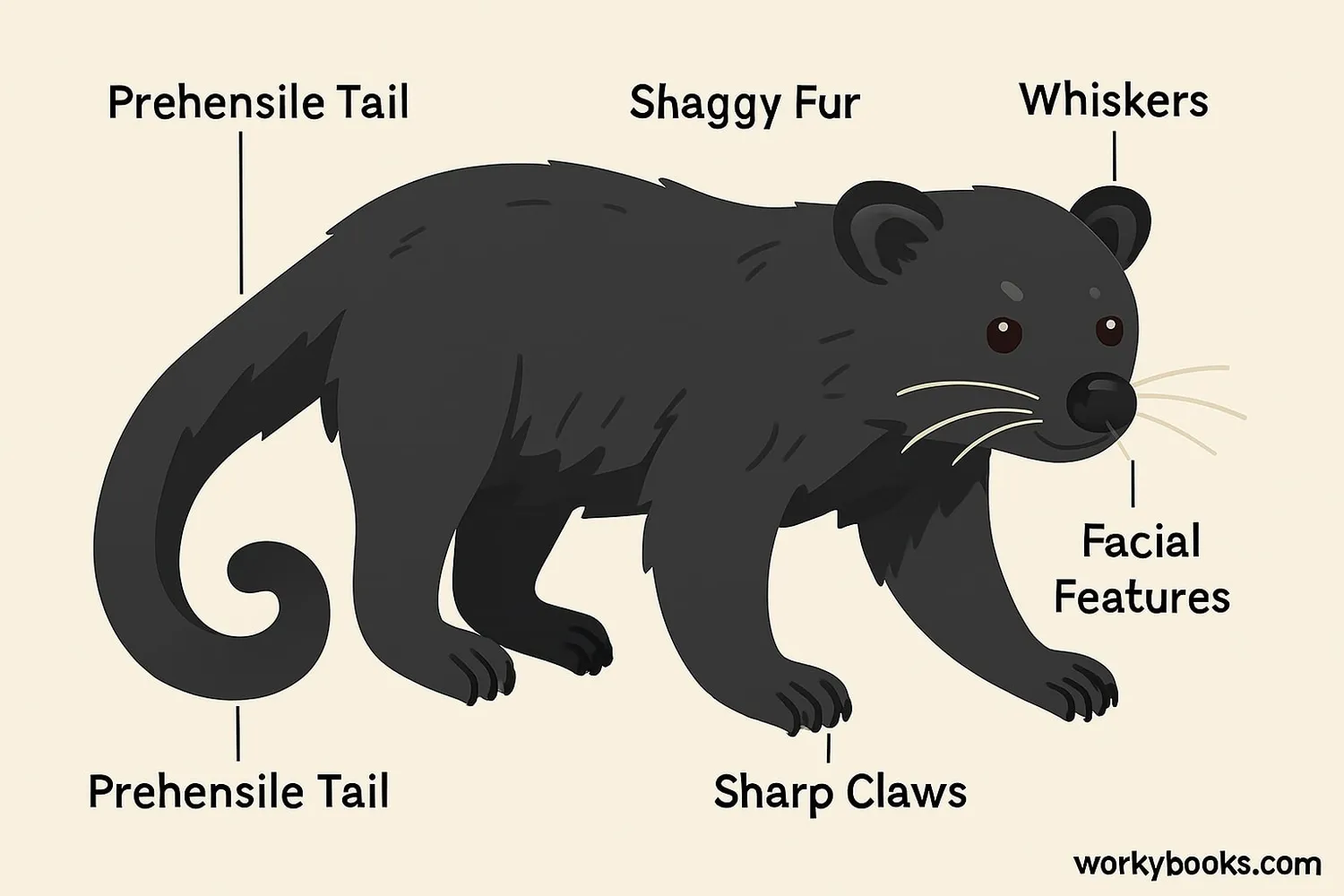 Diagram showing binturong body parts