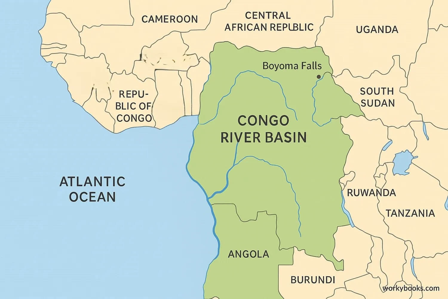 Map of the Congo River basin and its path through Africa