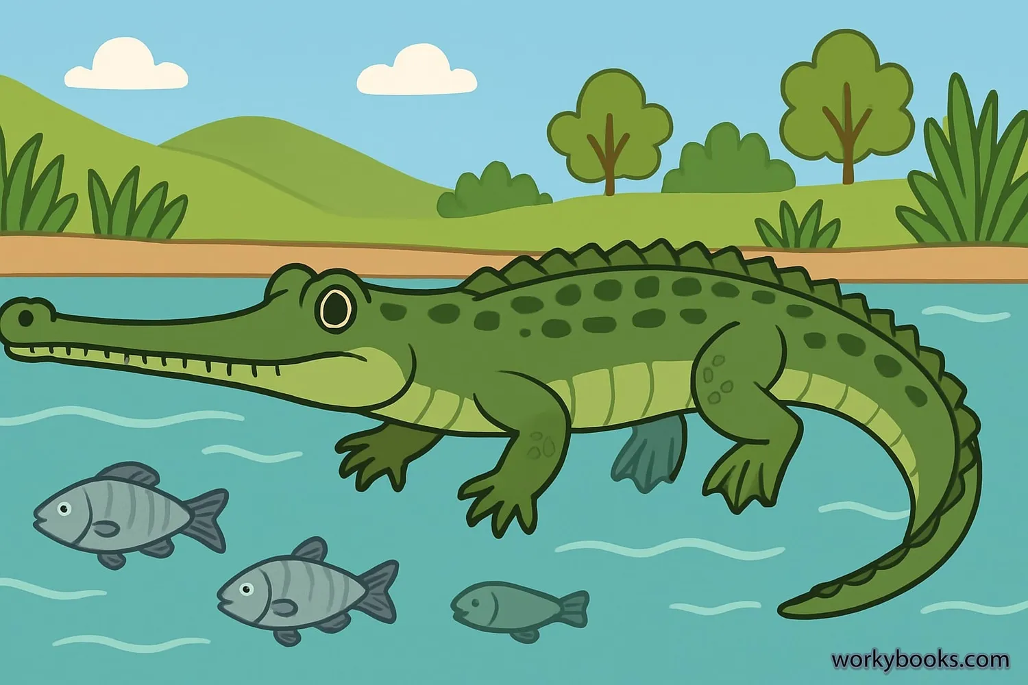 Illustration of a gharial swimming in a river