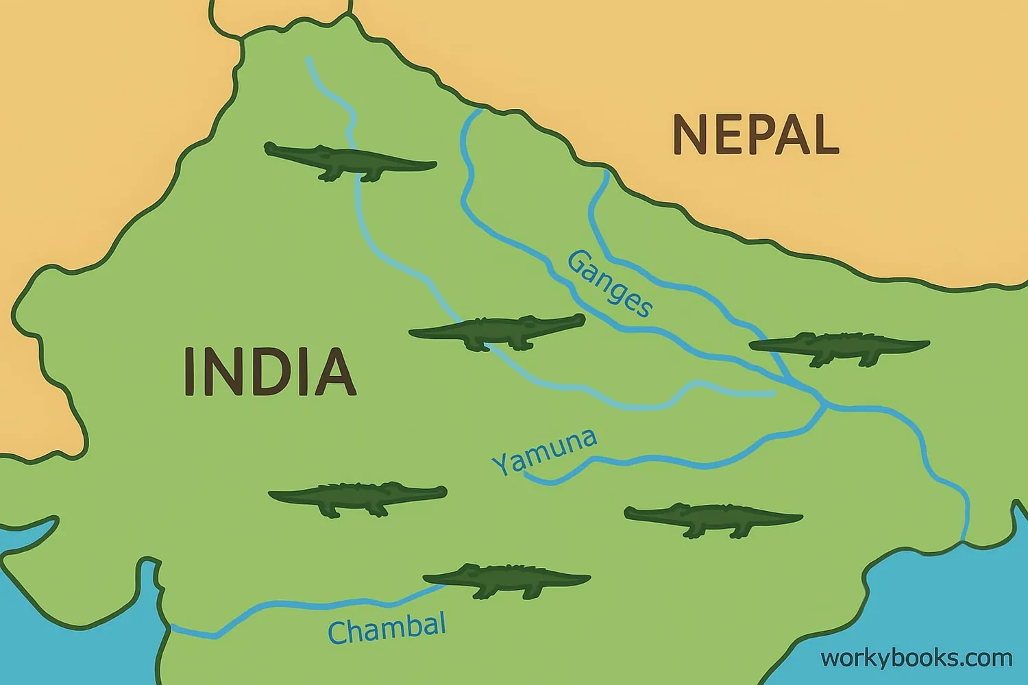 Map showing gharial habitat in northern India and Nepal