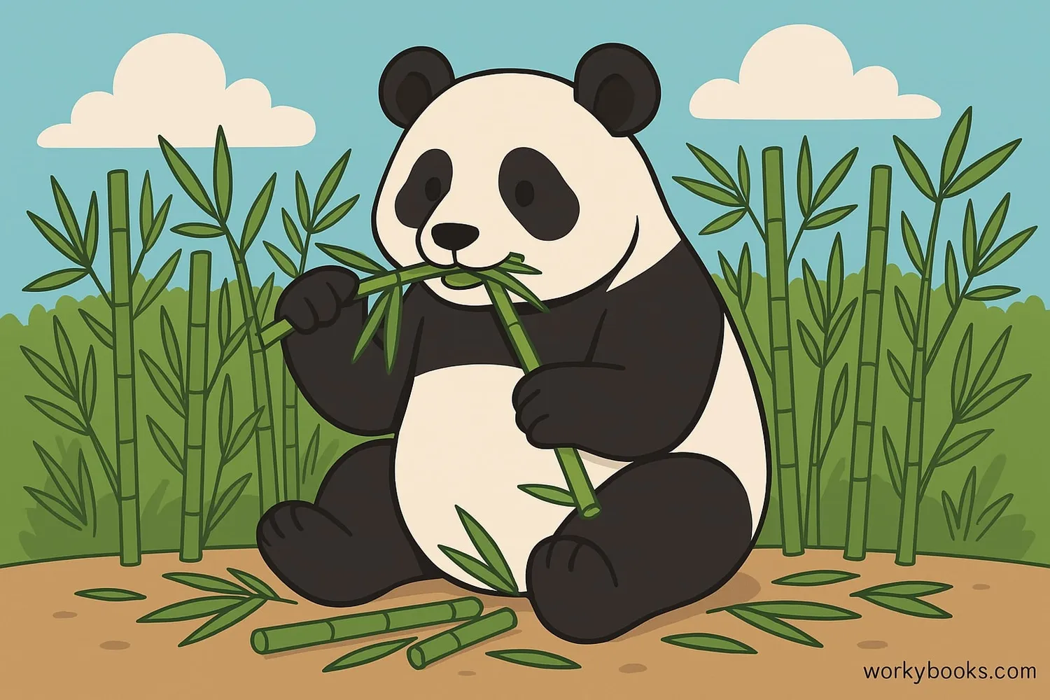 A giant panda sitting and eating bamboo in a forest setting