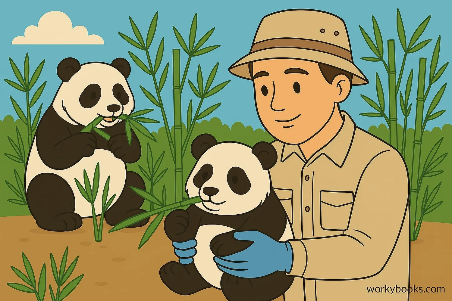 Conservationist with a panda in a nature reserve