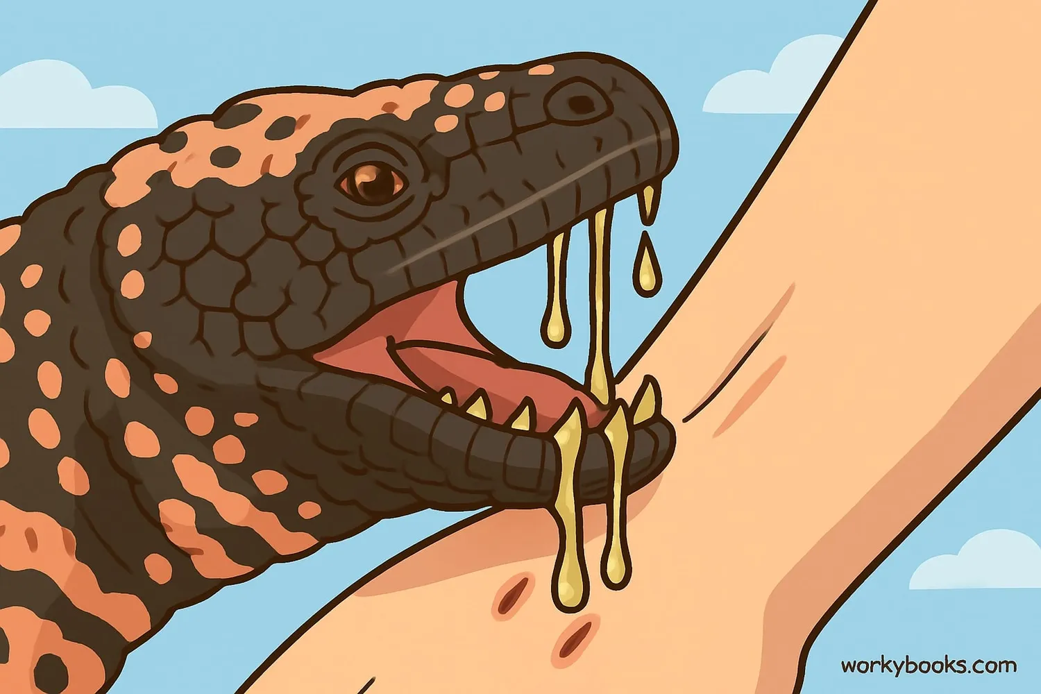 Close-up of Gila monster bite showing grooved teeth