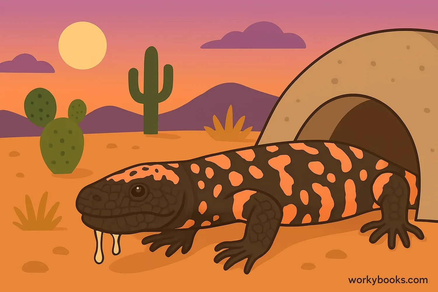 Gila monster emerging from burrow at dusk