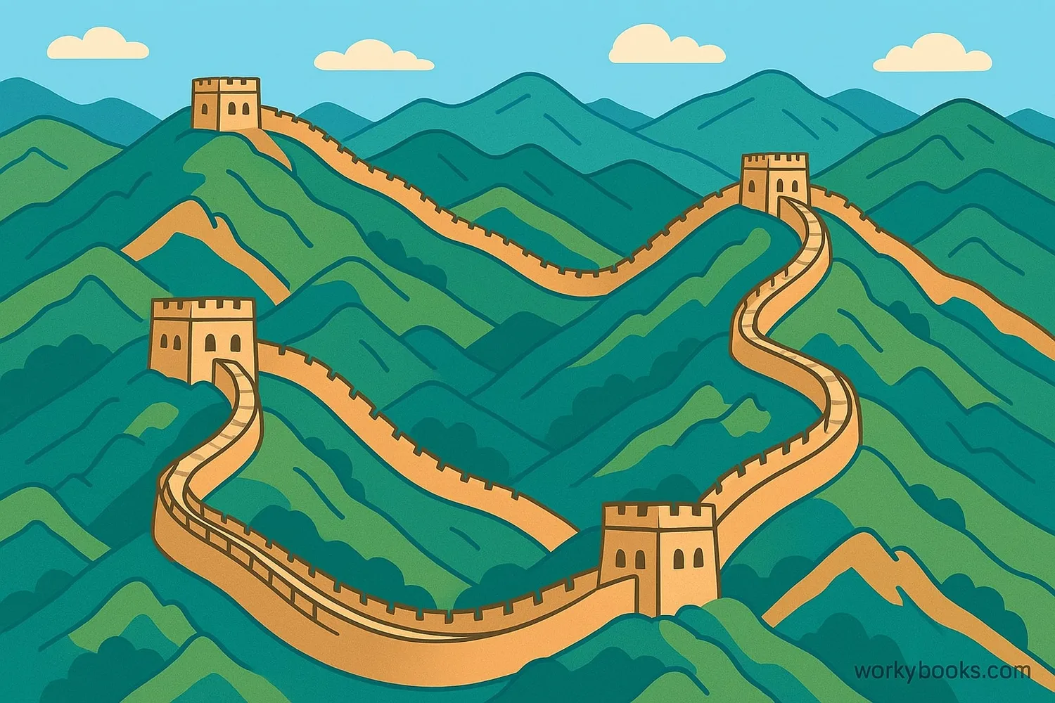 Aerial view of the Great Wall winding through mountains