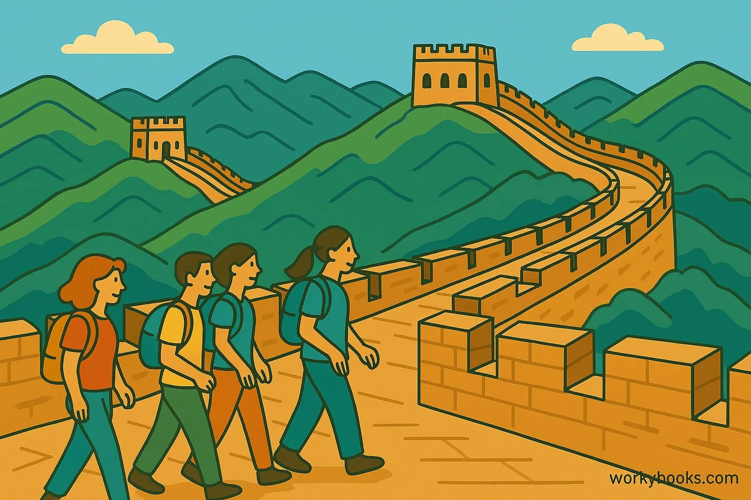 Tourists walking on a restored section of the Great Wall