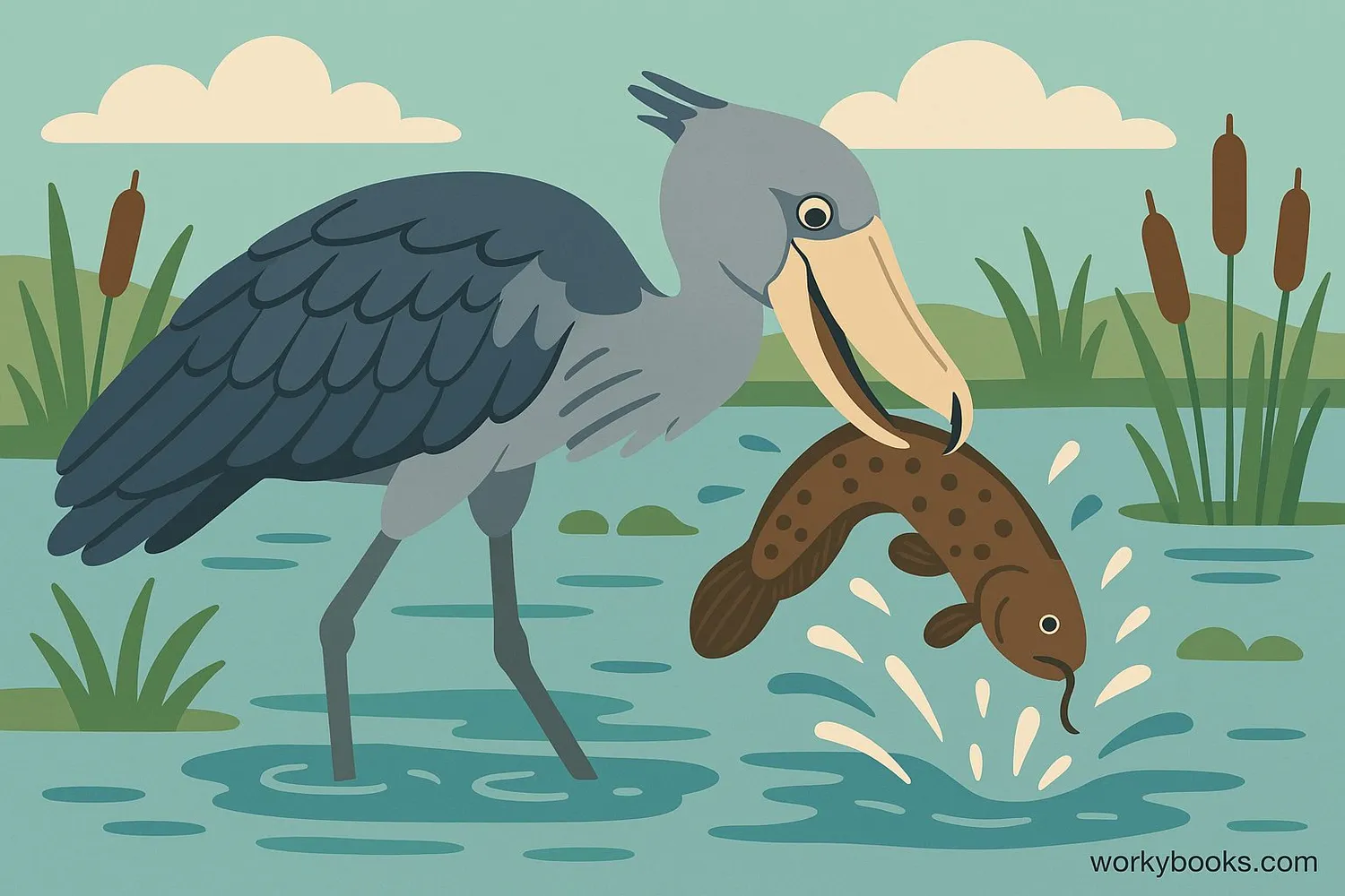 Shoebill Stork catching a lungfish