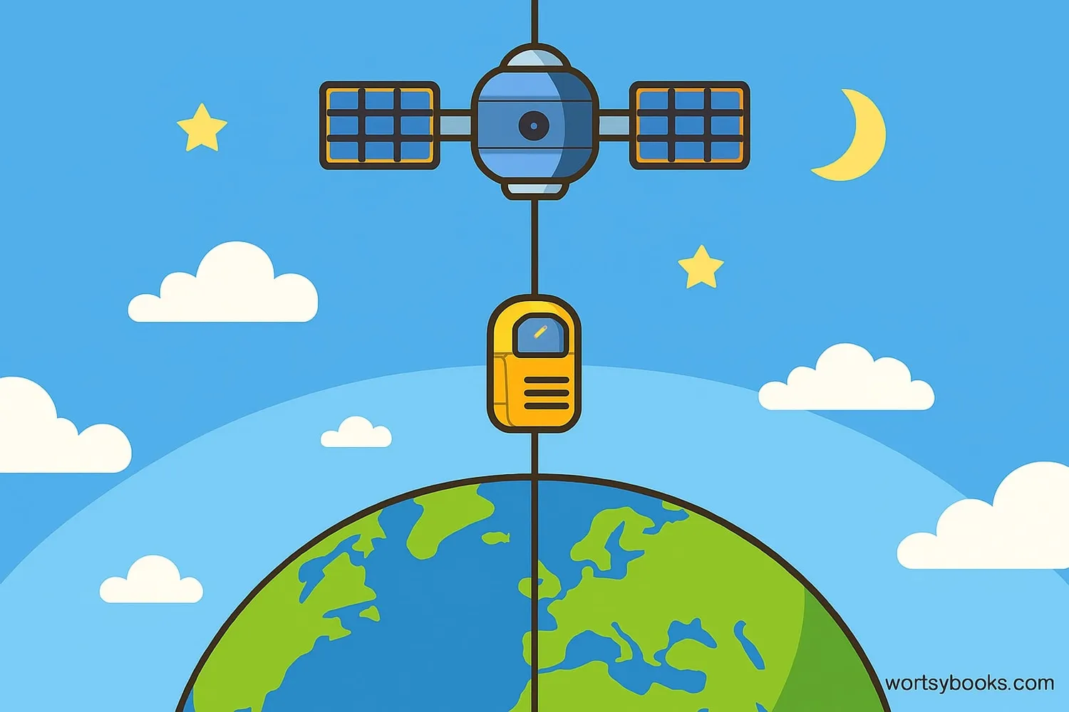 Concept art of a space elevator showing a thin cable extending from Earth's surface to space with a platform at the top