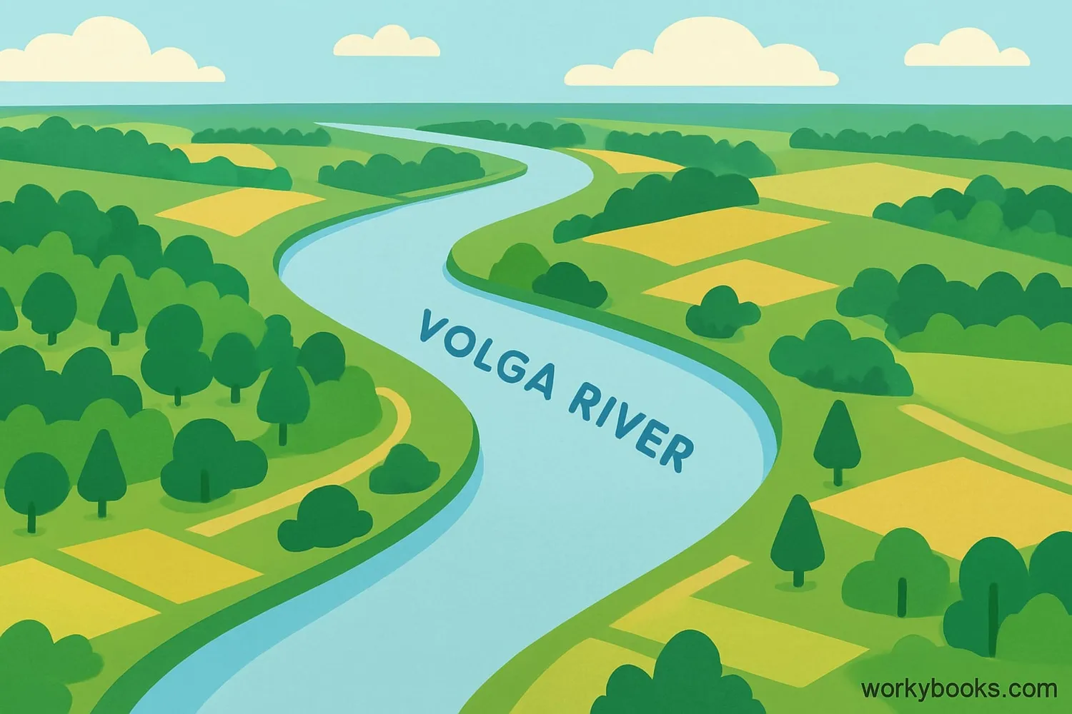 Illustration showing the Volga River flowing through Russia