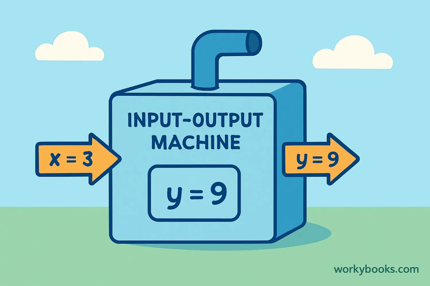 Illustration showing input-output machine with x (independent) going in and y (dependent) coming out
