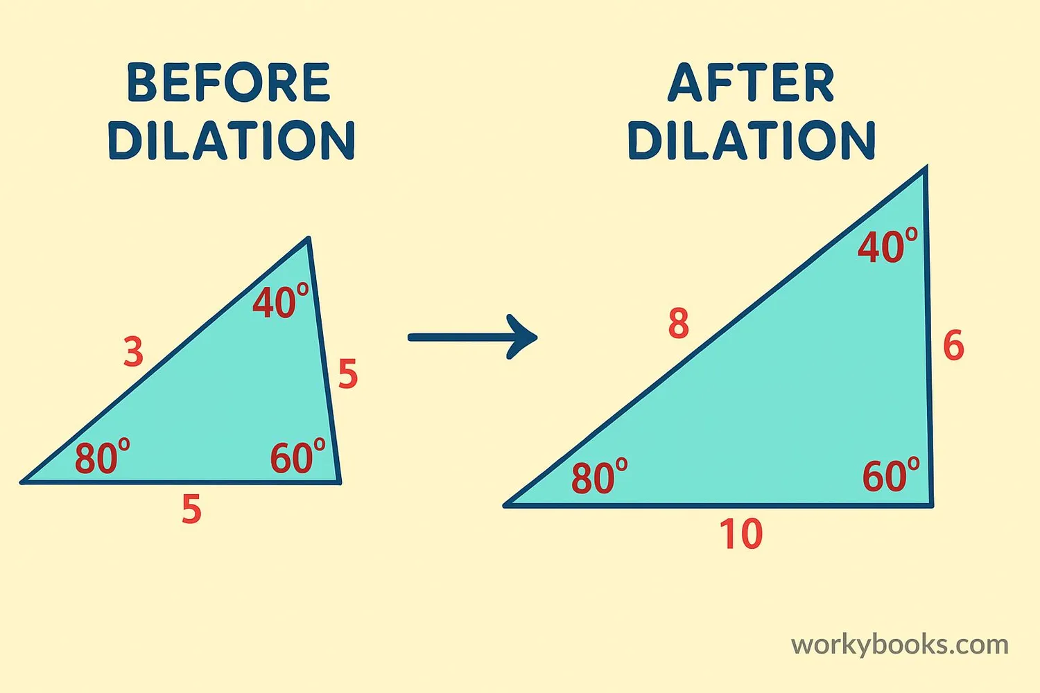 Visual showing preserved angles and proportional sides after dilation