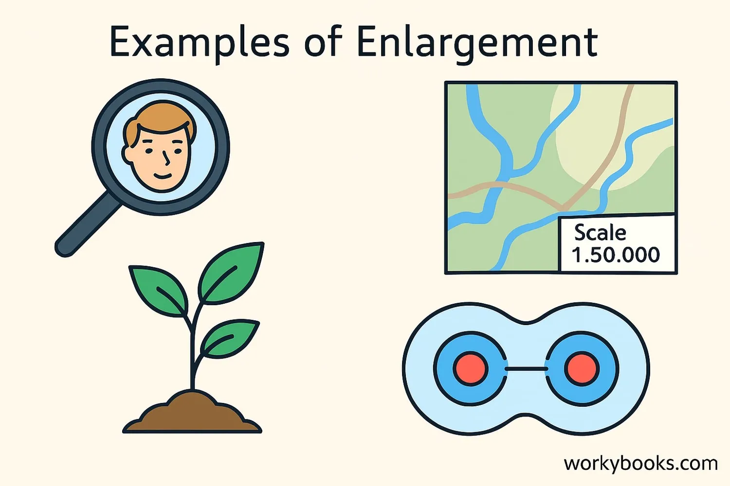 Examples of enlargement in photography, maps, and biology