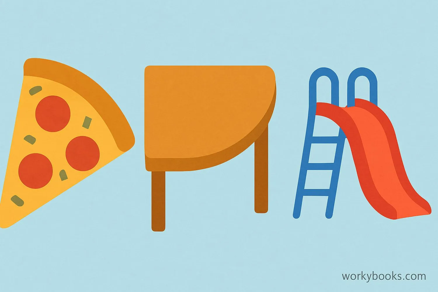 Collection of real-world objects with quarter circle shapes: pizza slice, rounded table corner, playground equipment