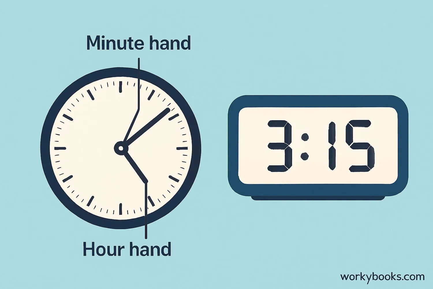 Analog and digital clocks showing quarter hours