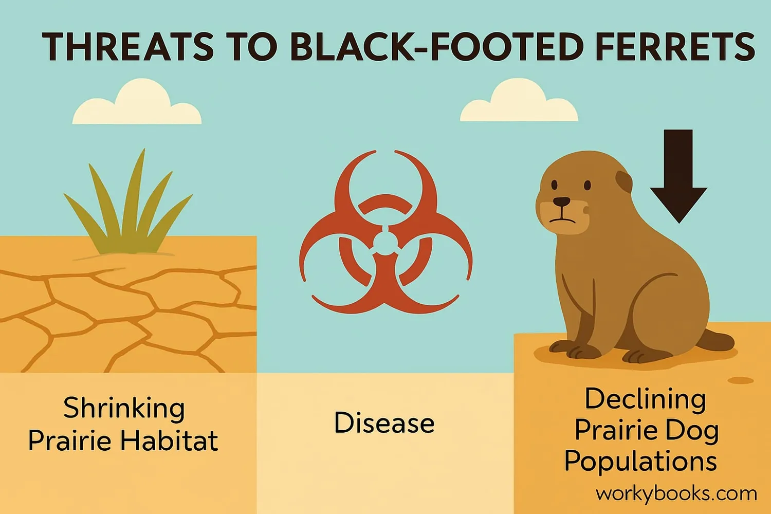 Illustration showing threats to black-footed ferrets including habitat loss and disease