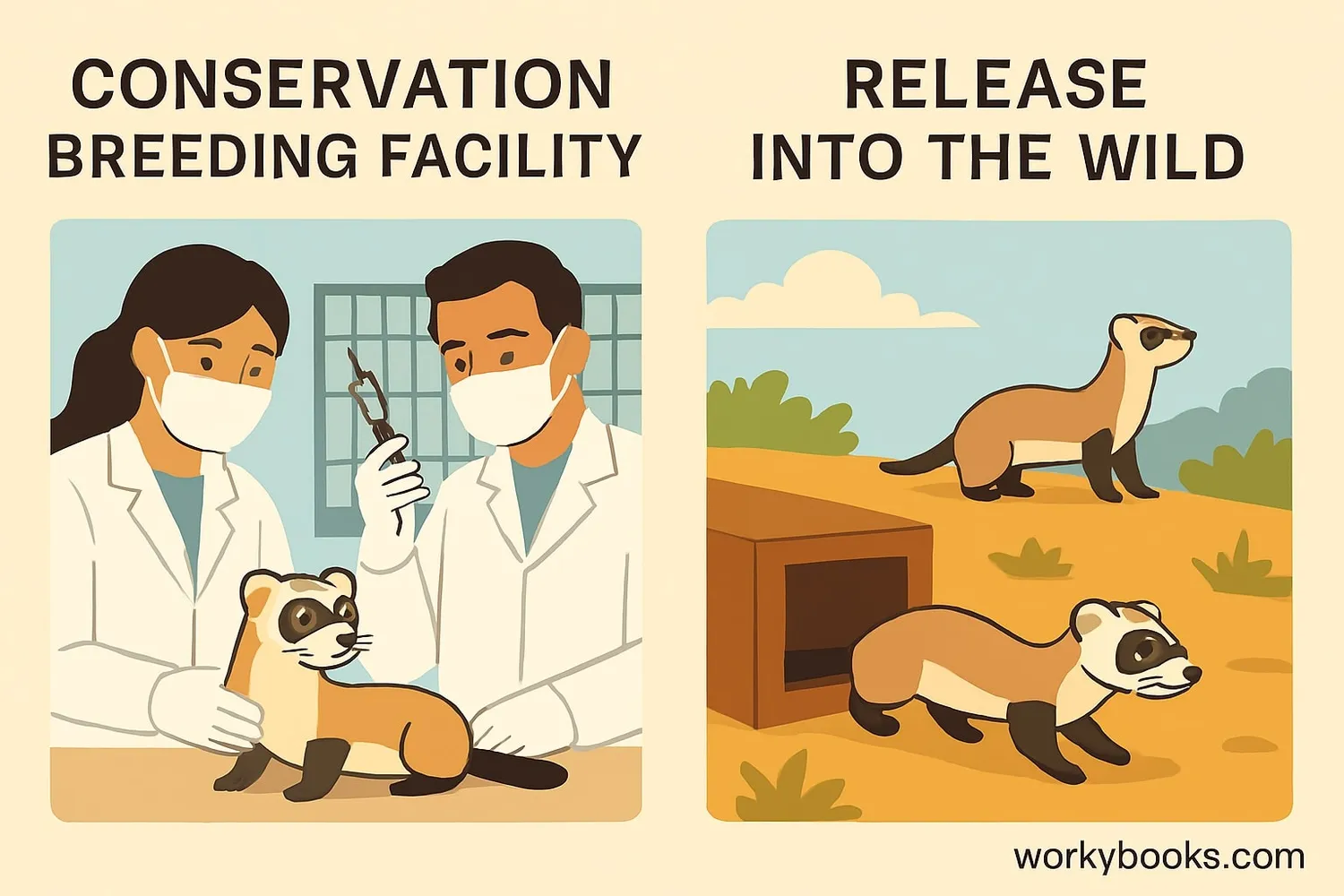 Illustration showing ferret breeding and reintroduction programs