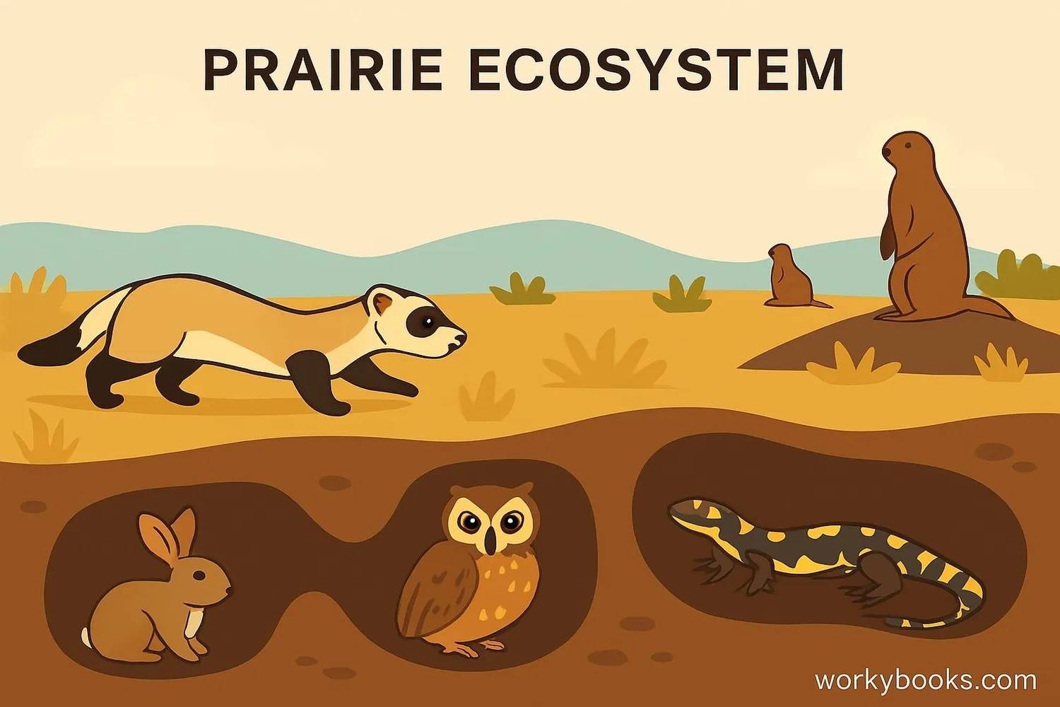 Illustration showing the prairie ecosystem with ferrets and prairie dogs