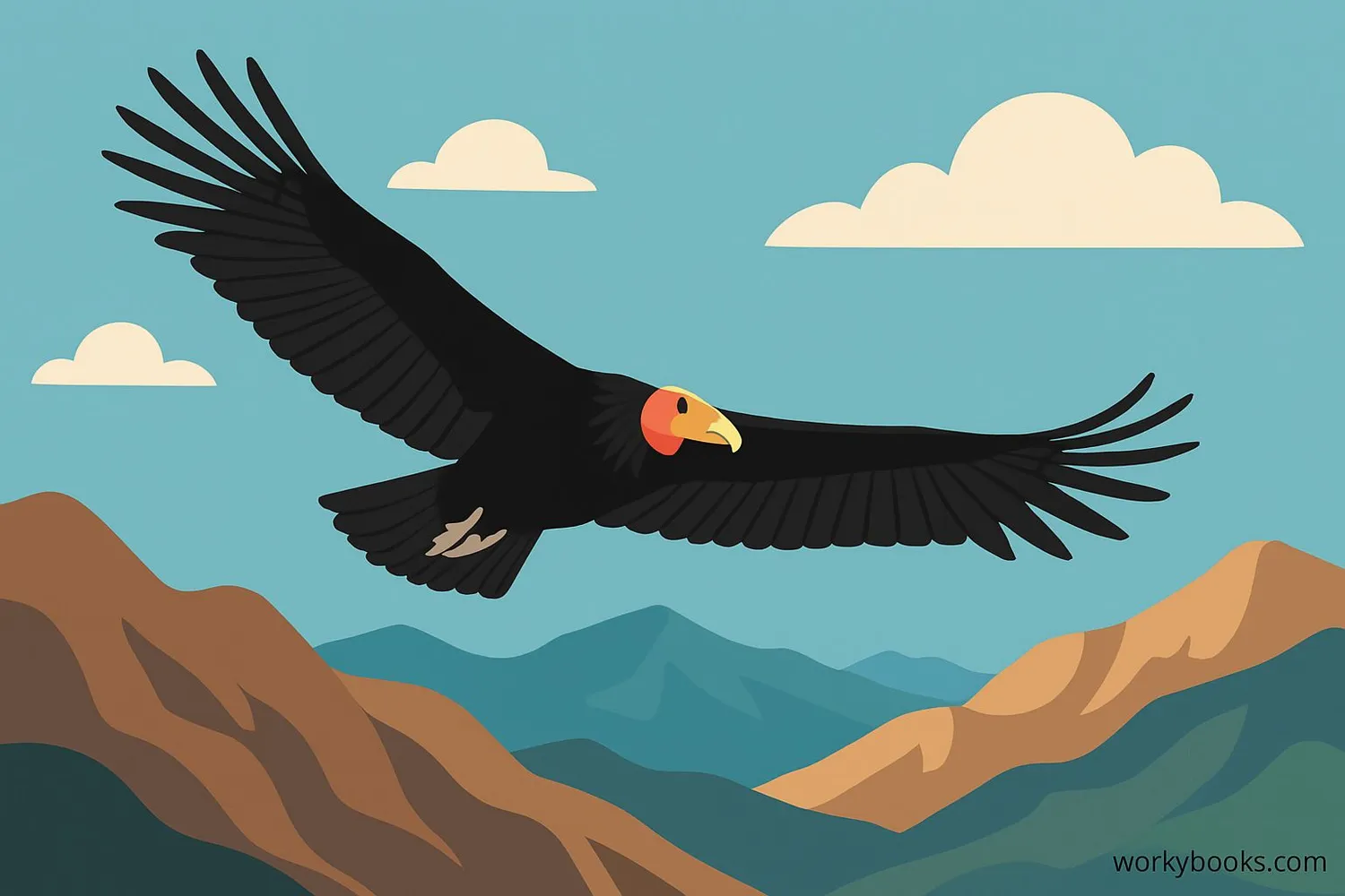 California Condor in flight over mountains