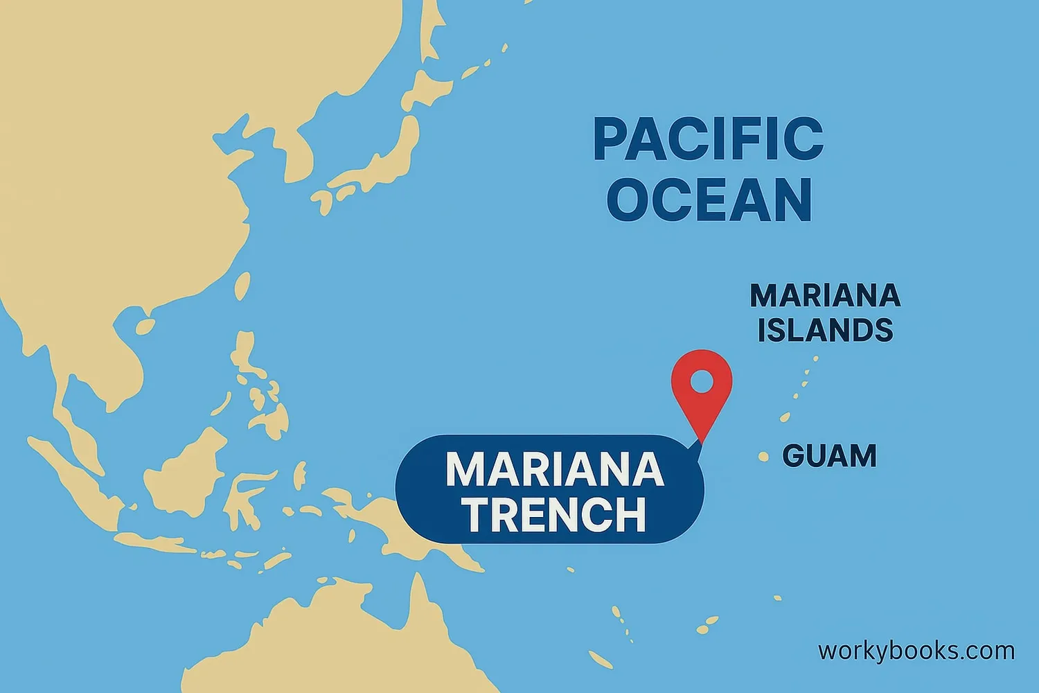 Map showing location of Mariana Trench near Guam and Mariana Islands