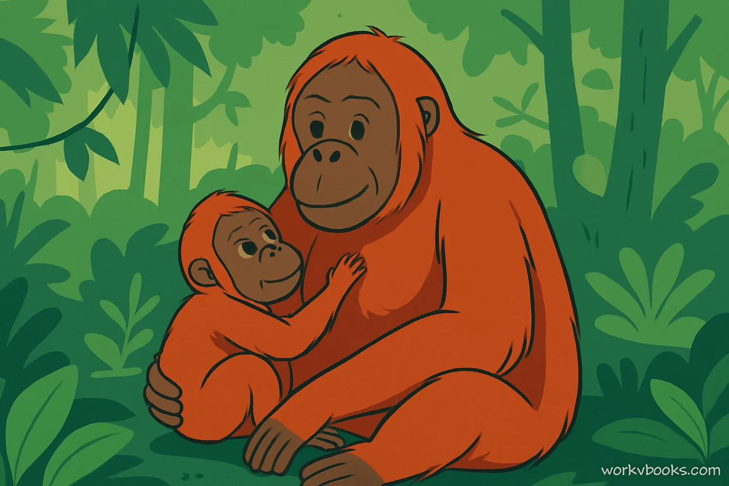 Orangutan mother and baby in the rainforest