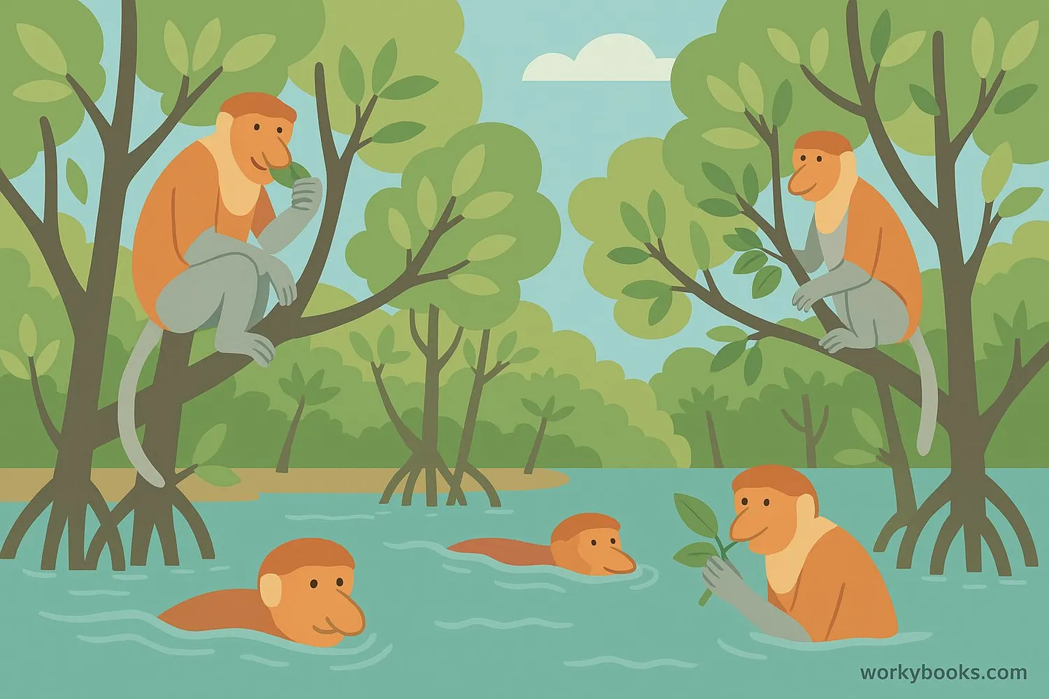 Group of proboscis monkeys in mangrove trees near water