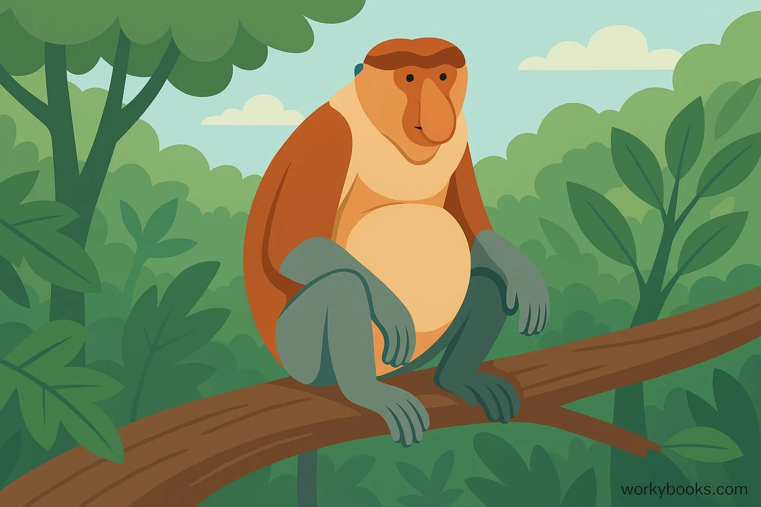 Adult male proboscis monkey with large nose sitting on a tree branch
