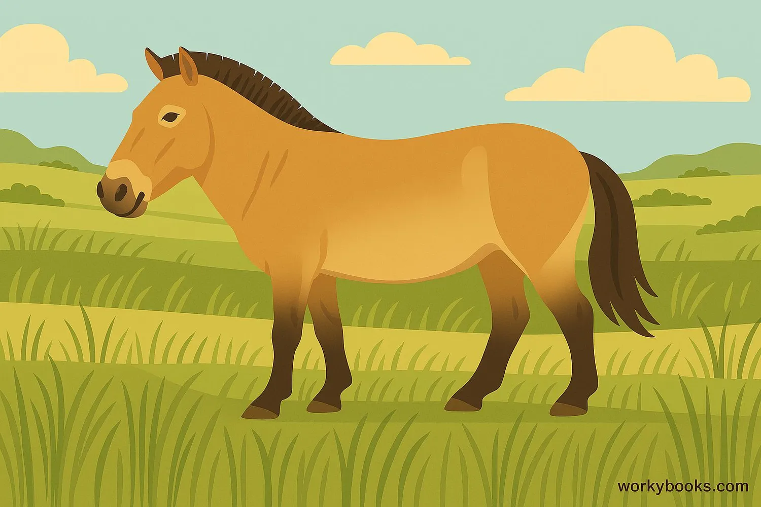 Illustration of Przewalski's horse showing its stocky build, short mane, and dun coloration