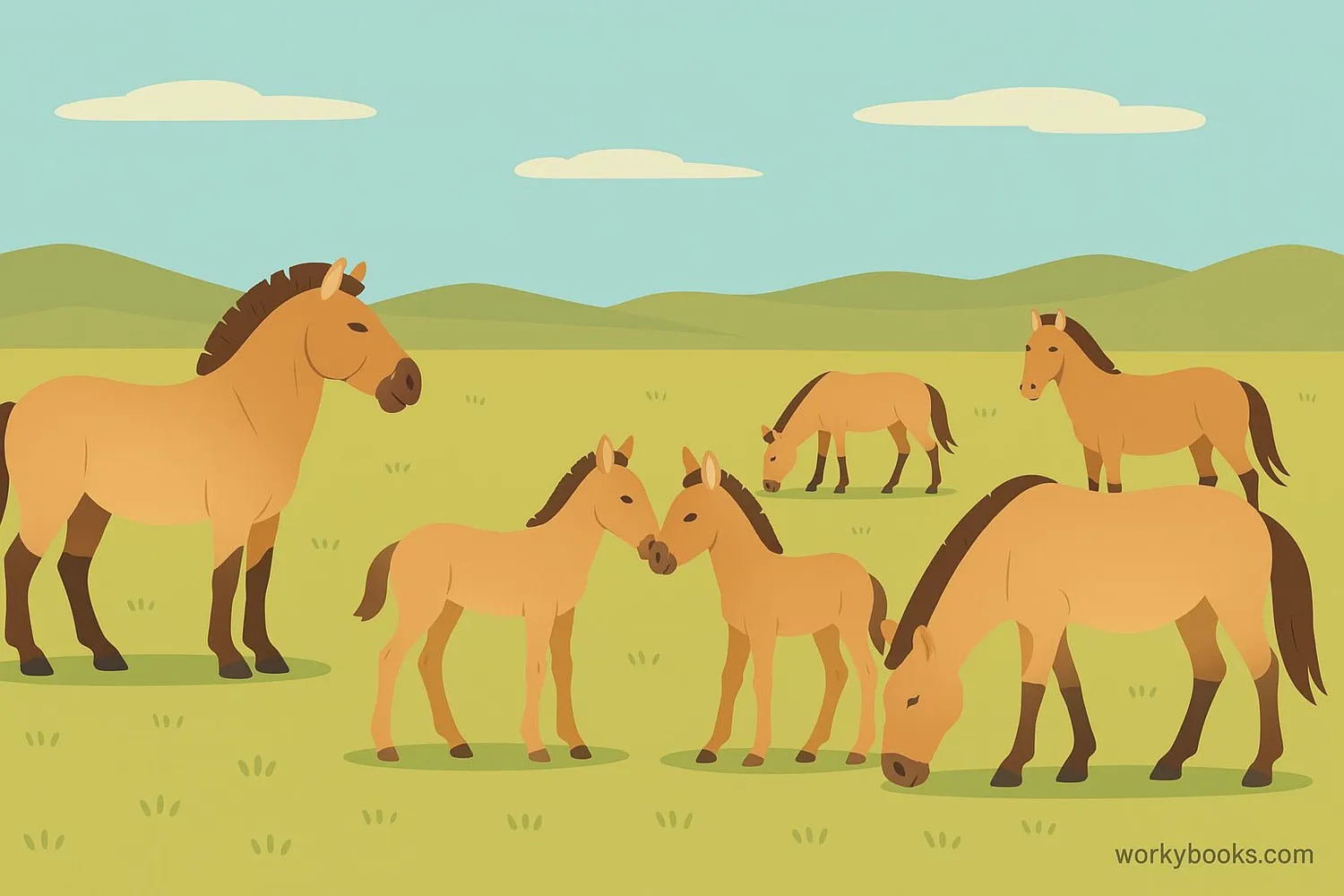 Illustration of Przewalski's horses in Mongolian steppe habitat showing social groups