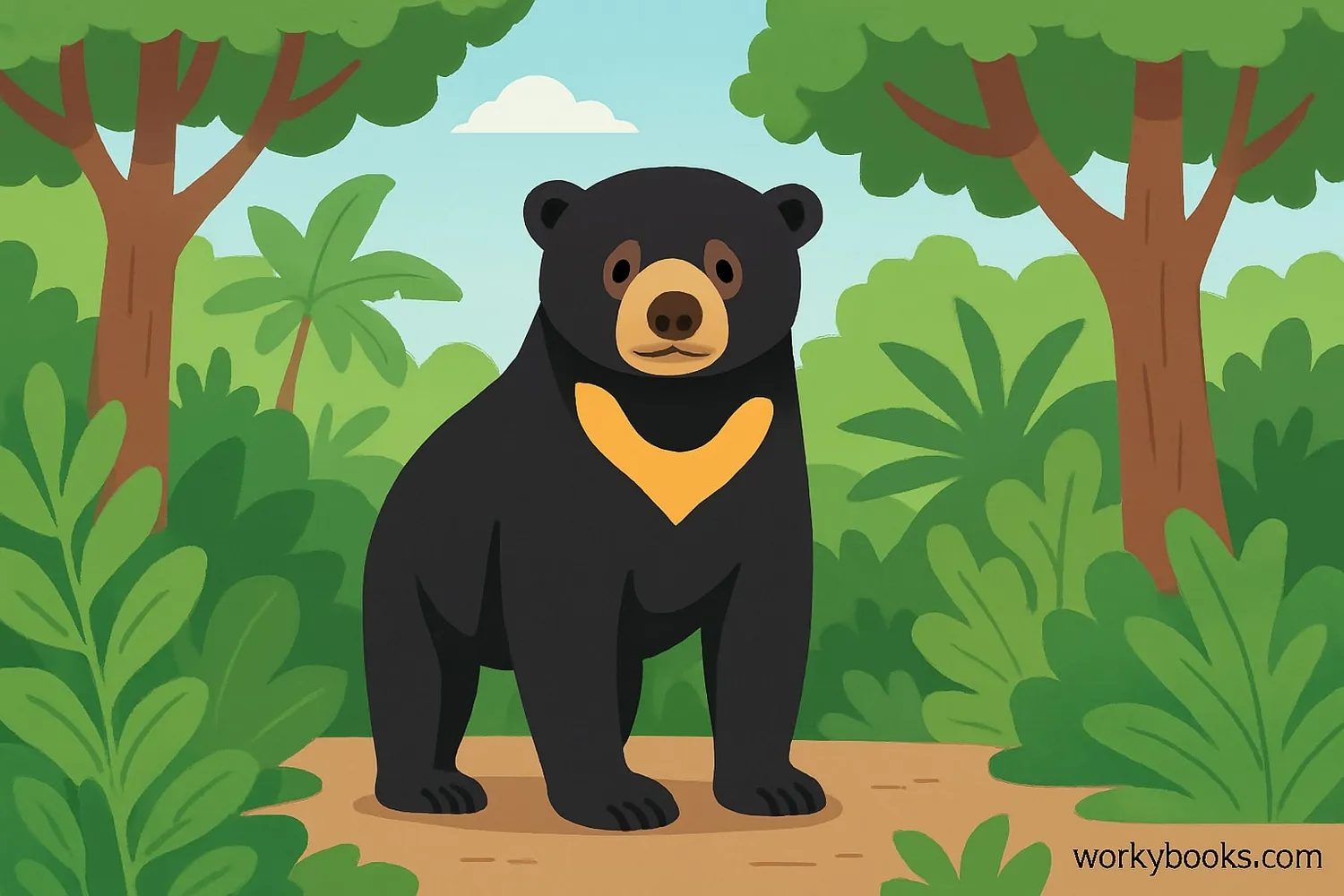 A sun bear standing in the forest showing its distinctive chest mark