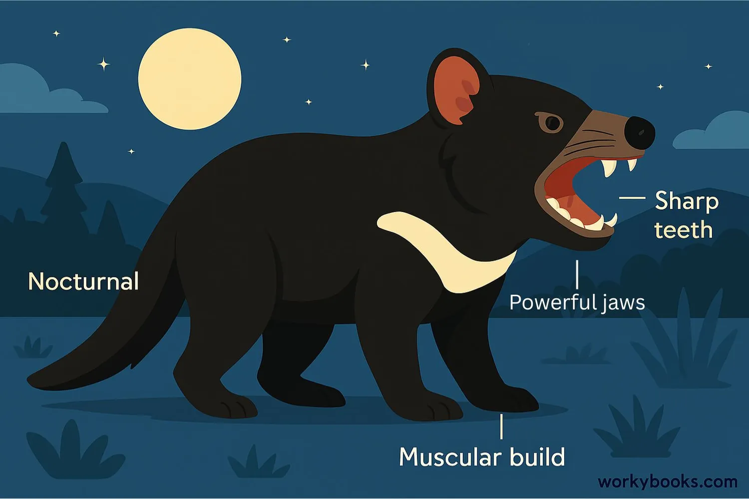 Illustration showing Tasmanian devil physical features and behaviors