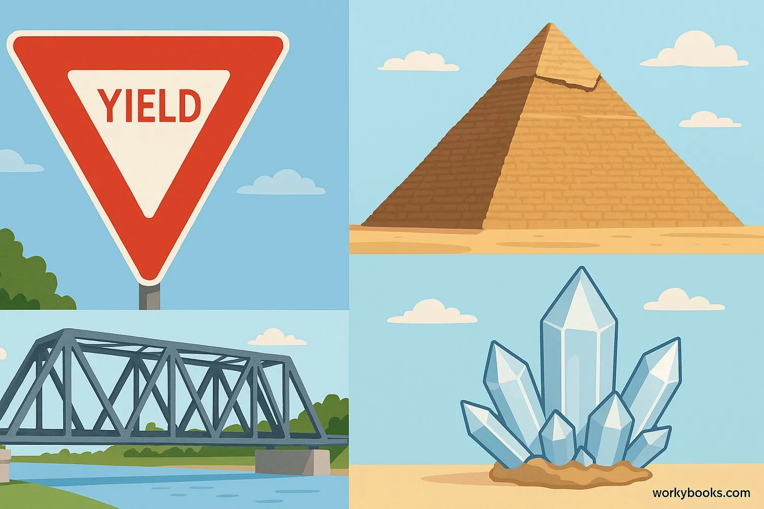 Collage of real-world equilateral triangles: yield sign, pyramid, truss bridge, crystal structure