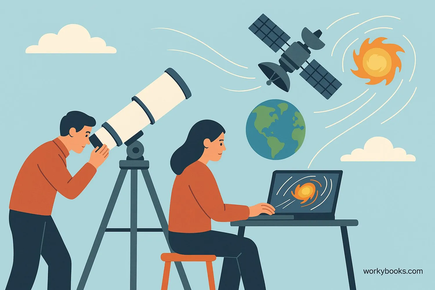 Illustration showing scientists studying gamma-ray bursts with telescopes and satellites