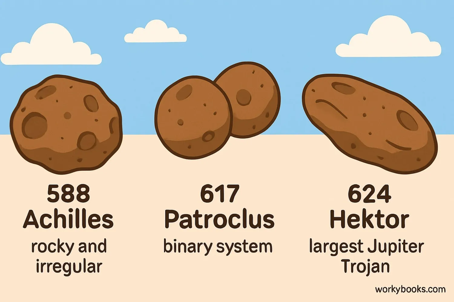 Three famous Trojan asteroids: Achilles, Patroclus, and Hektor
