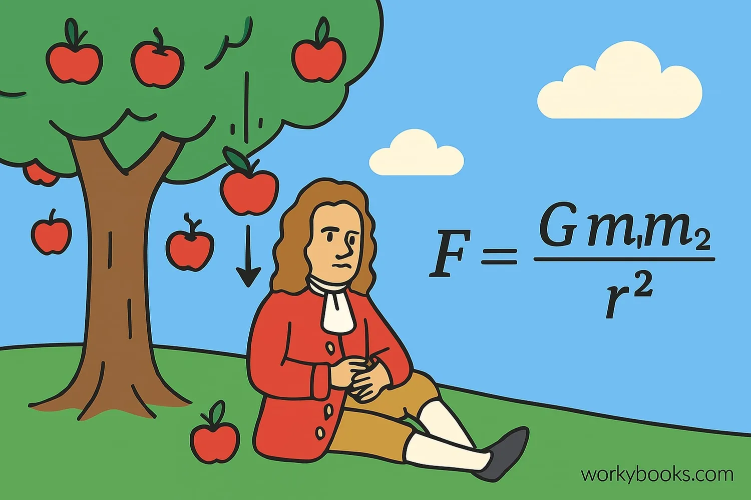 Illustration of Isaac Newton with an apple tree and mathematical formula