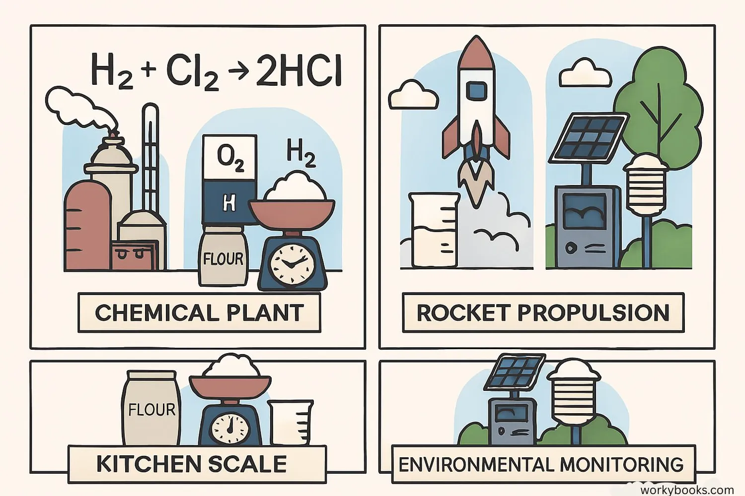 Illustration showing applications of conservation of mass in everyday life and industry