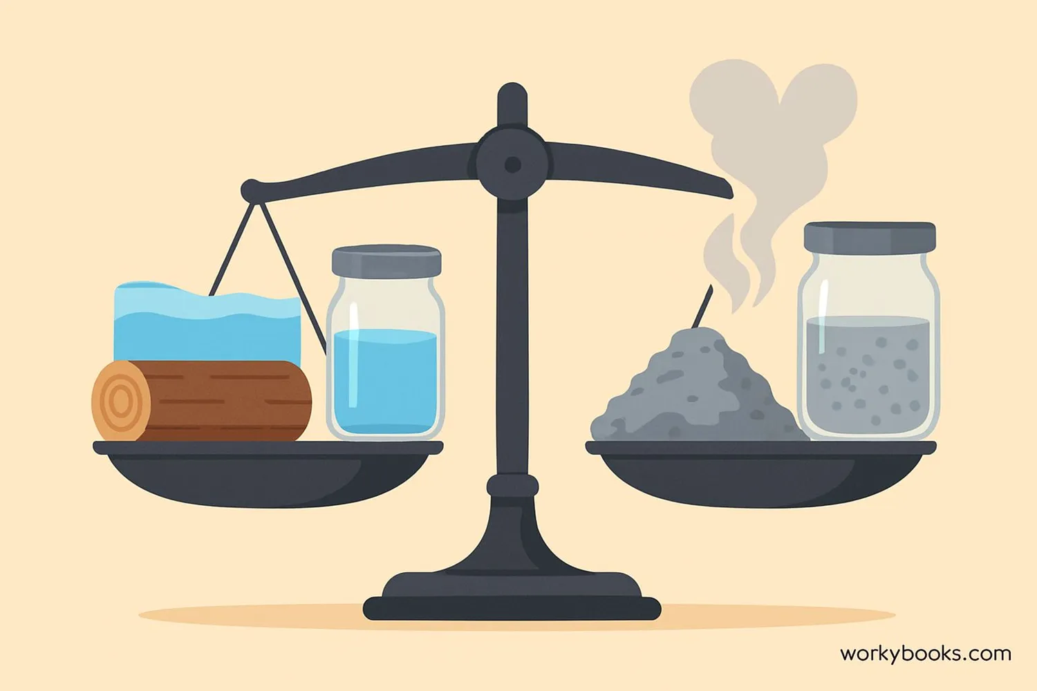 Visual representation of the Law of Conservation of Mass showing a balanced scale with reactants on one side and products on the other