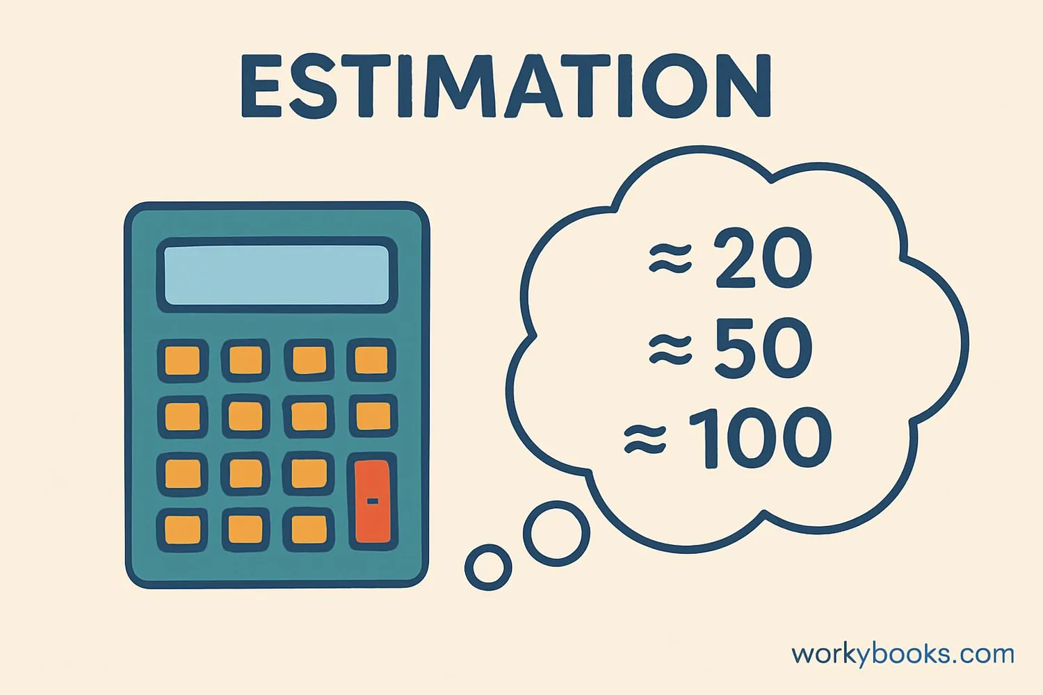 Illustration showing estimation concept with a calculator and thought bubble with approximate numbers
