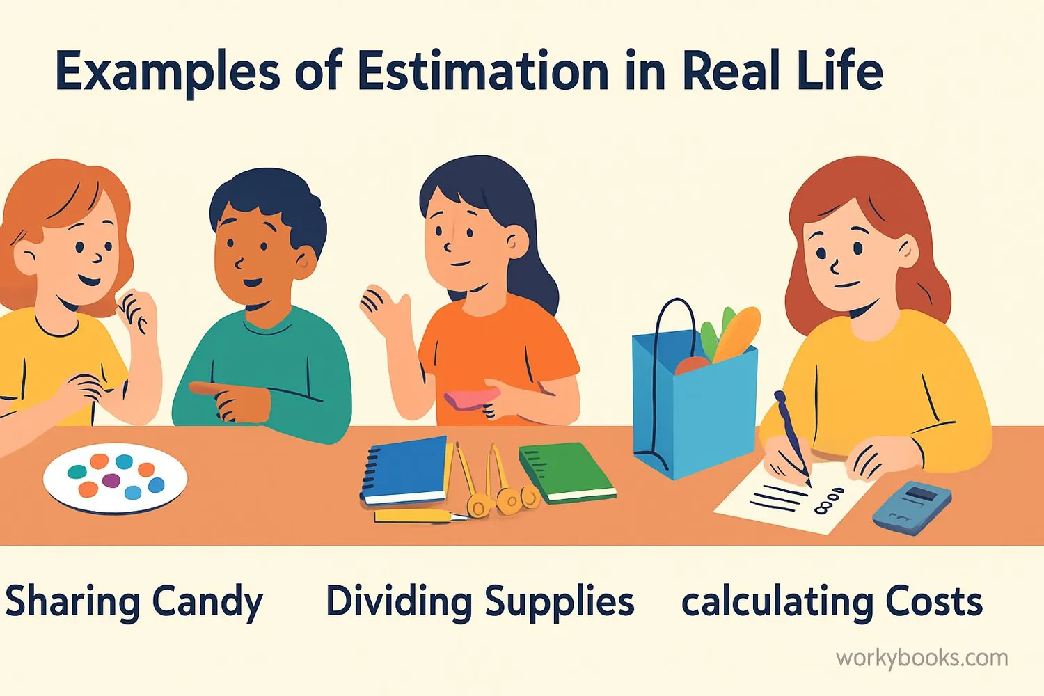 Examples of estimation in real life: sharing candy, dividing supplies, calculating costs