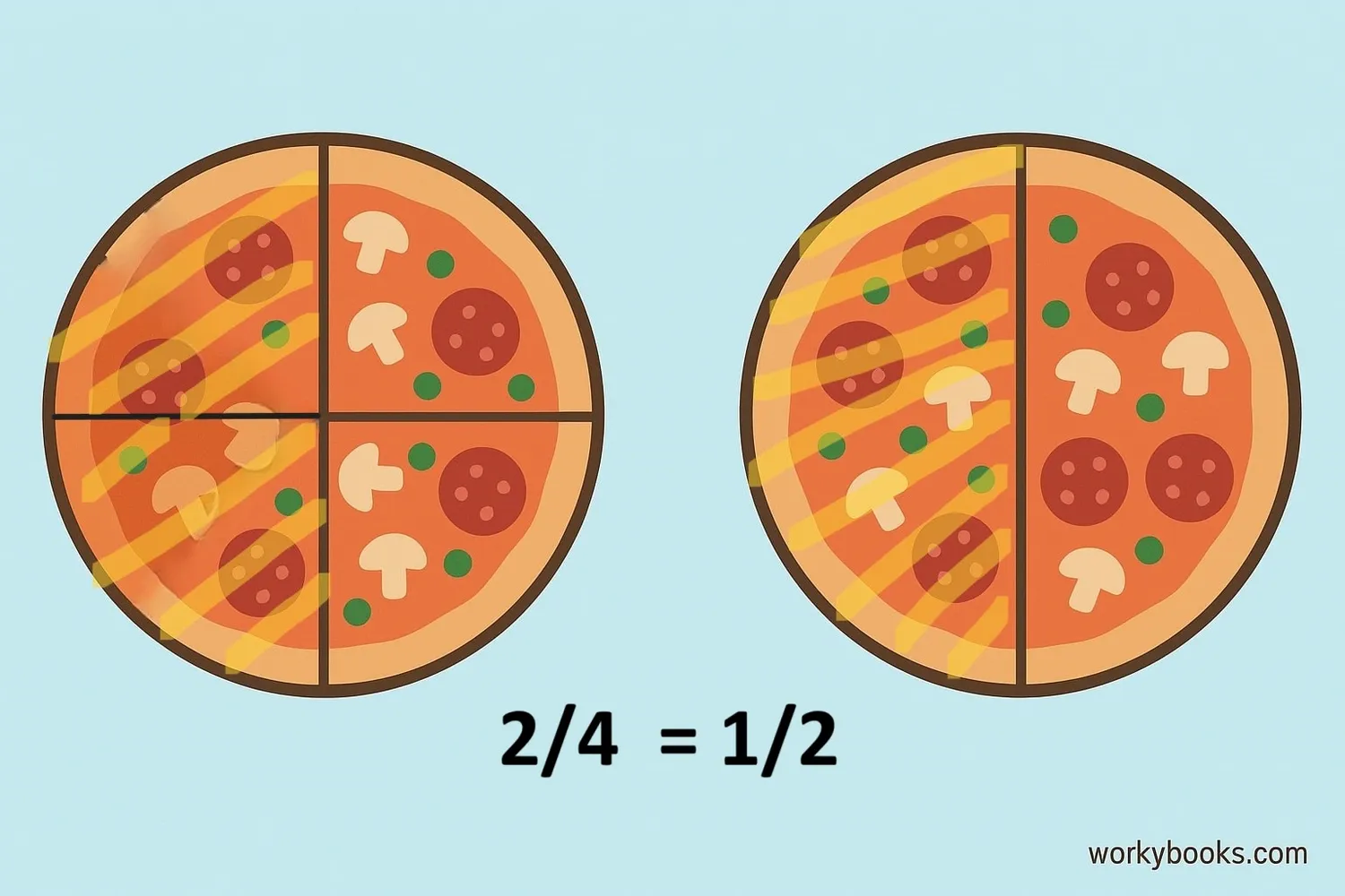 Two identical pizzas - one divided into 4 slices with 2 shaded, and the other divided into 2 slices with 1 shaded, showing 2/4 equals 1/2