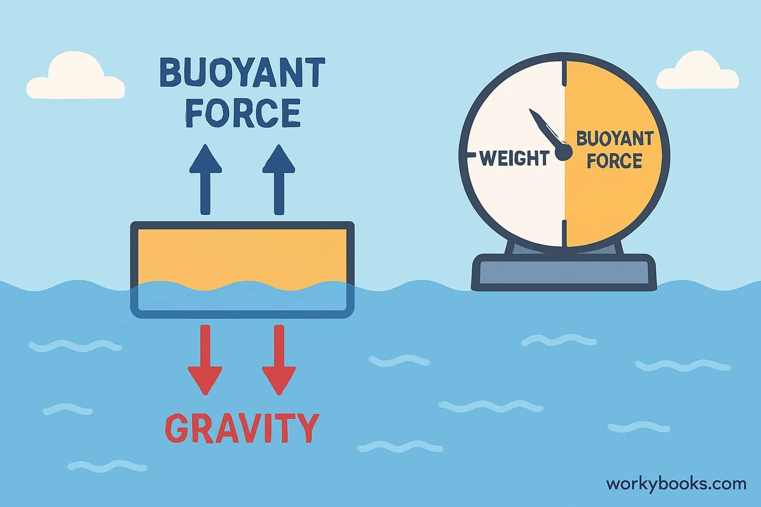 Visual representation of buoyant force: An object floating in water with upward arrows showing buoyant force and downward arrows showing gravity